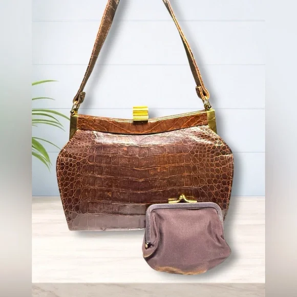 Vintage 1940’s-50’s - Genuine Crocodile Leather Women's Bag & Coin Purse - Picture 2 of 15